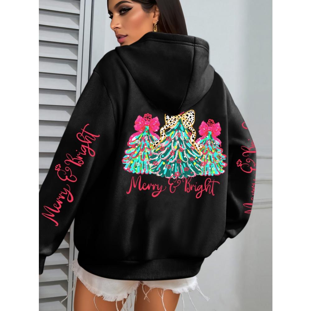 Merry Christmas Colorful Trees Printing Women Hoodies Loose Casual Hoody Autumn Y2K Pocket Streetwear All-Match Clothes