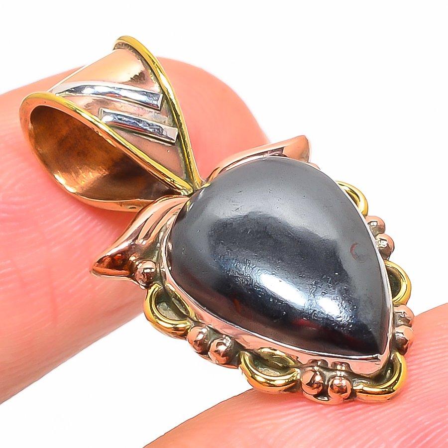 Natural Gunmetal Gemstone Two Tone 925 Solid Sterling Silver Pendant 1.25'' M9Z90