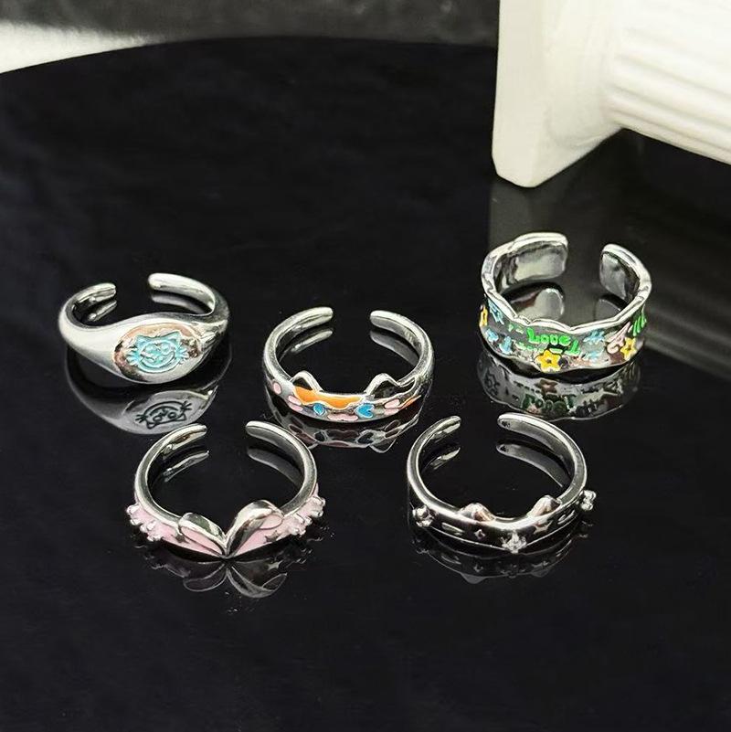 Cartoon Childlike Fun Graffiti Enamel Dripping Open Ring Stacking Wearing Pair Ring Girlfriend Niche High-End Ring Woman