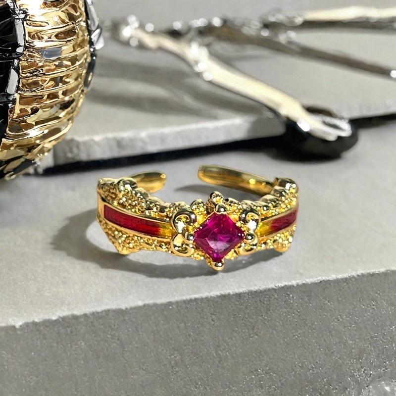 Red Zircon Enamel Dripping Open Ring Fashion Light Luxury High Sense Court Style Rhombus Personality Ring