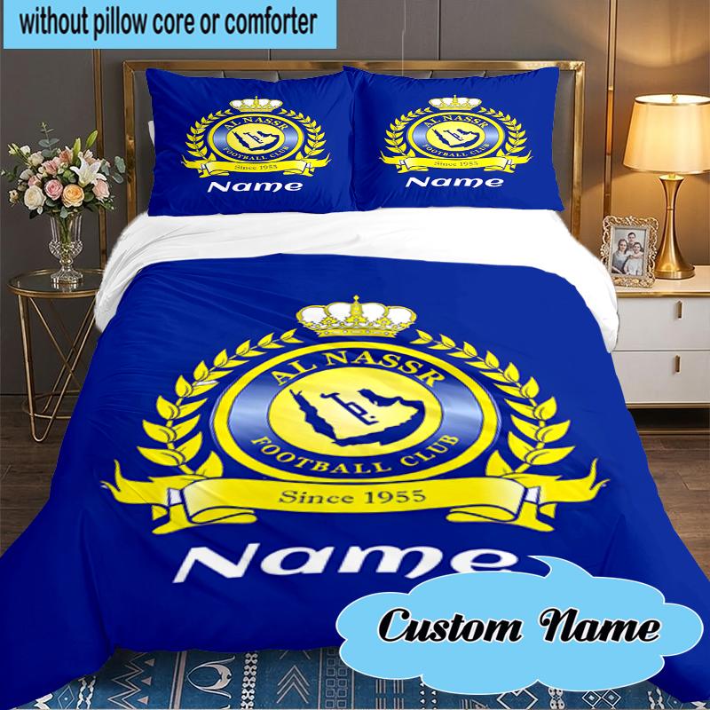 Custom Name Nassr Football Club Crest Bedding Set 3pcs, Bedding Set Including 1pc Duvet Cover And 2pcs Pillowcases for Bedroom, Dormitory Gift