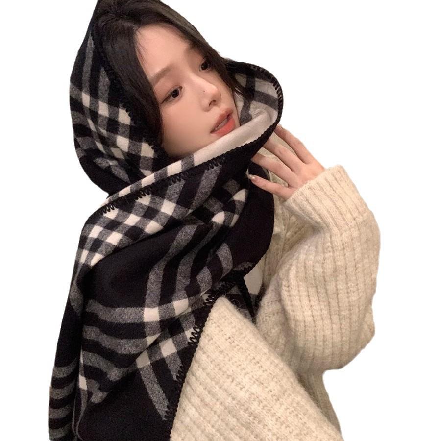 Korean Retro Pink Plaid Scarf for Women - Warm Autumn/Winter Neck Protection Shawl