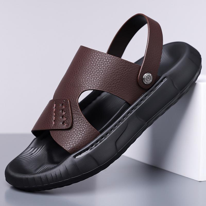 Fashion Casual Leather Summer Men Slippers Breathable Sandals Classics Beach Slides Outdoor Male Flip Flops Soft Dual-Purpose Half Drag