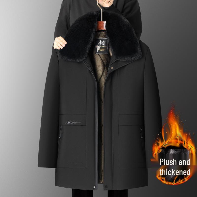 2024 Winter Fleece-Lined Dad's Warm Cotton Jacket for Men: Loose Fit, Mid-Length, Ideal for Middle-Aged and Elderly