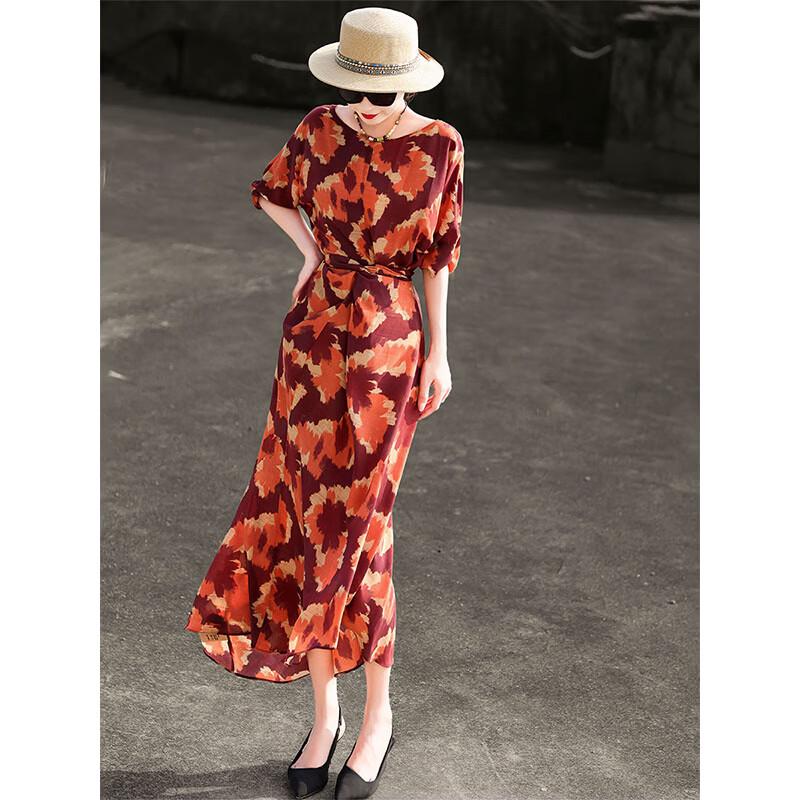 Lanseer Women s Elegant Retro Printed Tie-Waist Midi Dress XL