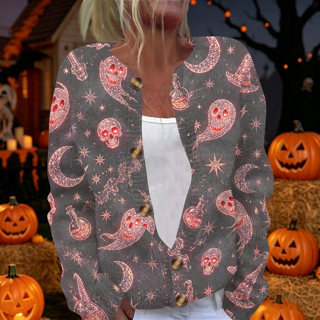 Women's Halloween Long Sleeve Knit Cardigan Button Up Sweater Skeleton and Pumpkin Musical Print Lightweight Outerwear for Fall and Winter