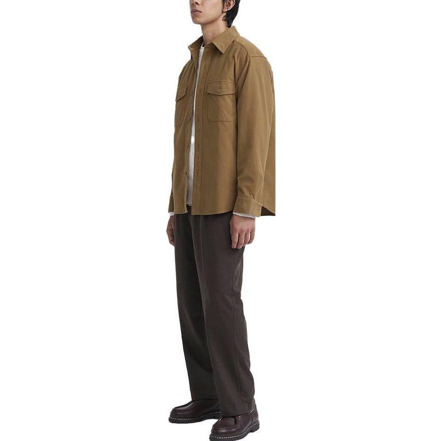 Uniqlo Solid Color Loose Fit Work Shirt Long Sleeve Men Shirts Brown 462092-36