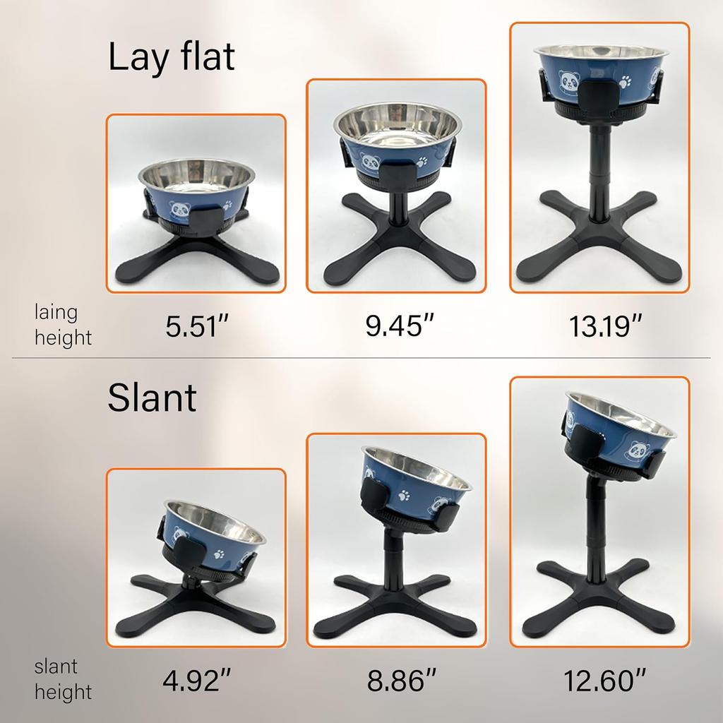 Adjustable Elevated Dog Bowl Stand with Non-Slip Base 3 Height Tilt Settings 14-24.5cm Bowls Stainless Steel Dish for Dogs Cats