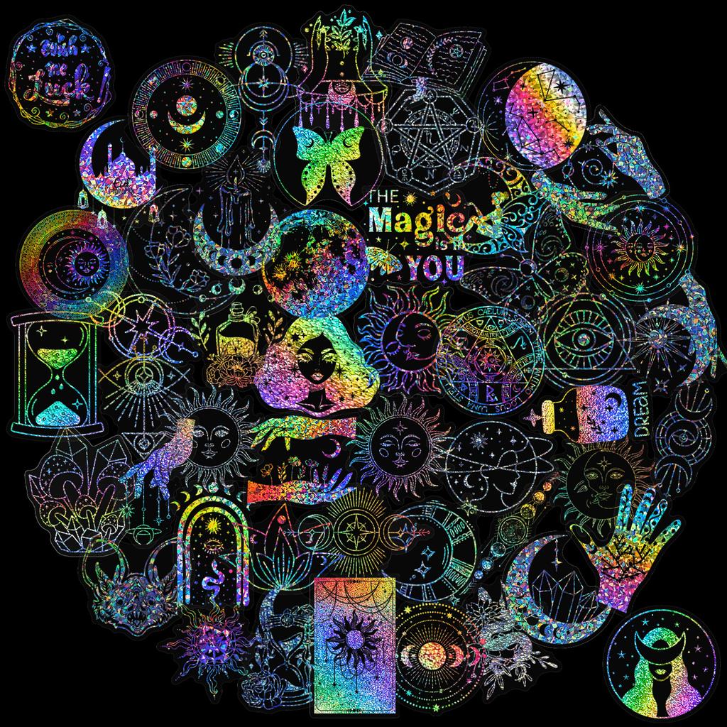 100pcs Laser Stickers Magic World PET Sticker Pack DIY Collage for Hand Account Decoration Scrapbook Labe