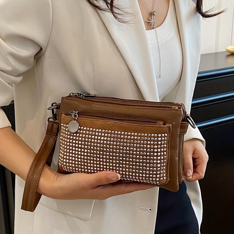Rhinestone-Studded Shoulder Bags for Women Zip Closure Trendy Small Square Ladies Clutch Bag Small Crossbody Bags for Women
