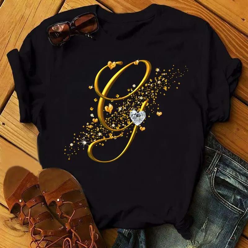 Custom Name Letter Combination Fashion Women T-shirt Diamond Gold Letter Font Short Sleeve Tops Black T-shirt
