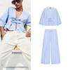 Cotton Bowknot Decoration Stripes V Neck Short Shirt 3710338 Poplin Mid-Waist Stripes Stripes Pants 3687338