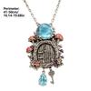 Mushroom Cottage Pendant Necklace with Dimensional Relief, Floral and Leaf Details, Blue Teardrop Dangle, and Vintage-Inspired Alloy Finish