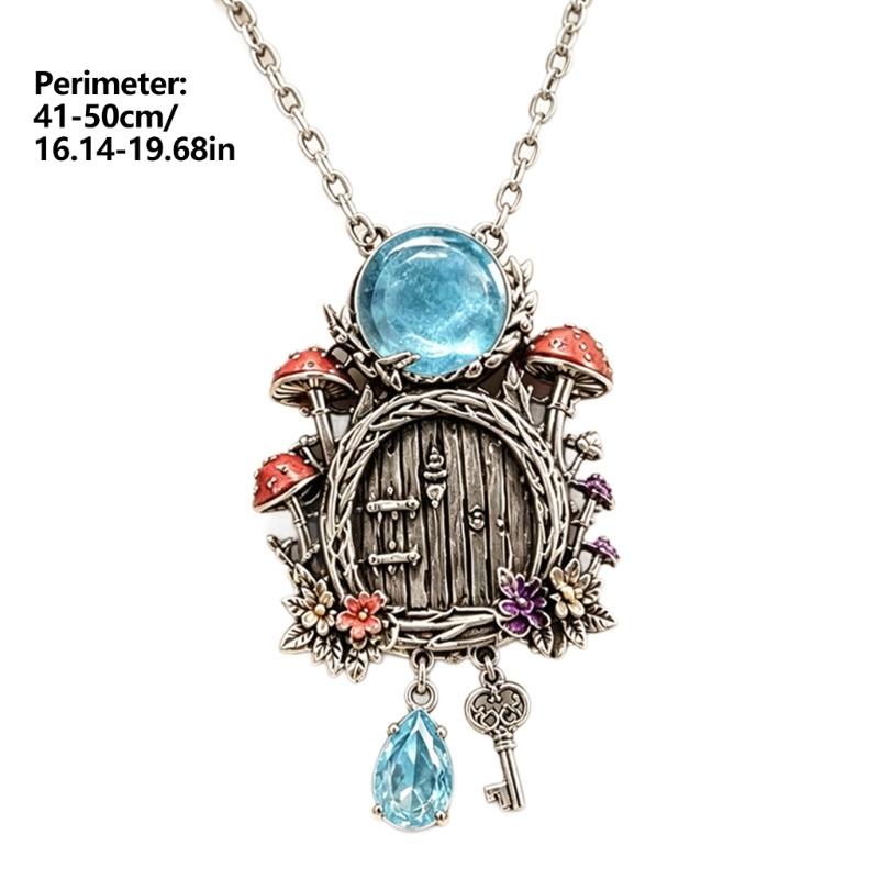 Mushroom Cottage Pendant Necklace with Dimensional Relief, Floral and Leaf Details, Blue Teardrop Dangle, and Vintage-Inspired Alloy Finish