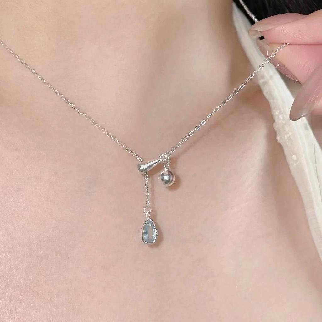 Summer 2024 Blue Zircon Water Drop Y-Shaped Adjustable Necklace for Women