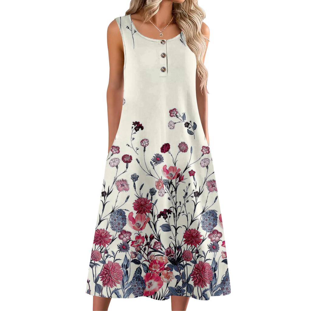 Women's Fashion Casual Sleeveless Button Floral Print Dress with Pocket