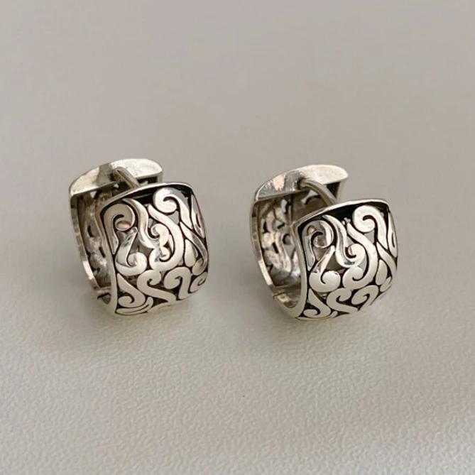 Real  Silver Minimalist Hollow Auspicious Clouds Hoop Earrings for Women Vintage Fine  Chinese Style Accessories