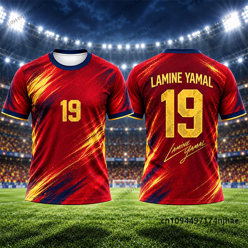 Tuta da Ginnastica per Bambini Spagna Tifosi Yamal #19 Stampa Maglietta+Pantaloncini Set Tuta Sportiva Calcio Allenamento Bambini/Adulti Completi 2 Pezzi