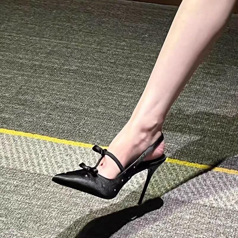 Fashion 2025 Spring New Pointed Toe Sexy Black High Heels Elegant Bow Thin Heel Rhinestone Sandals127