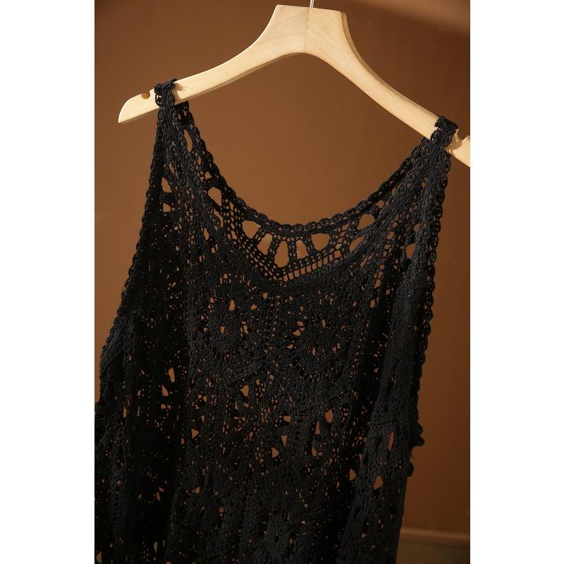 DIMANAF 2024 New Dress Women Knitting Lace Long Hollow Out Sexy Vest O-Neck Hollow Summer Style Tops Tees Loose Basic Black