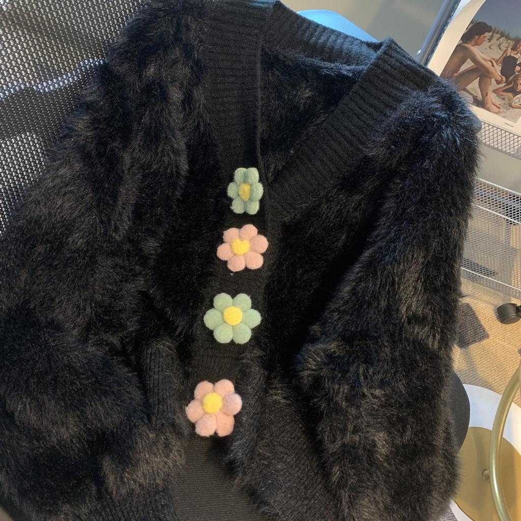 Frühlings- und Herbst-Strickjacke Imitation Nerzfell Pullover Süße Bonbonfarbe Blumenmuster Modischer Kleiner Einfall Temperament Damenmantel