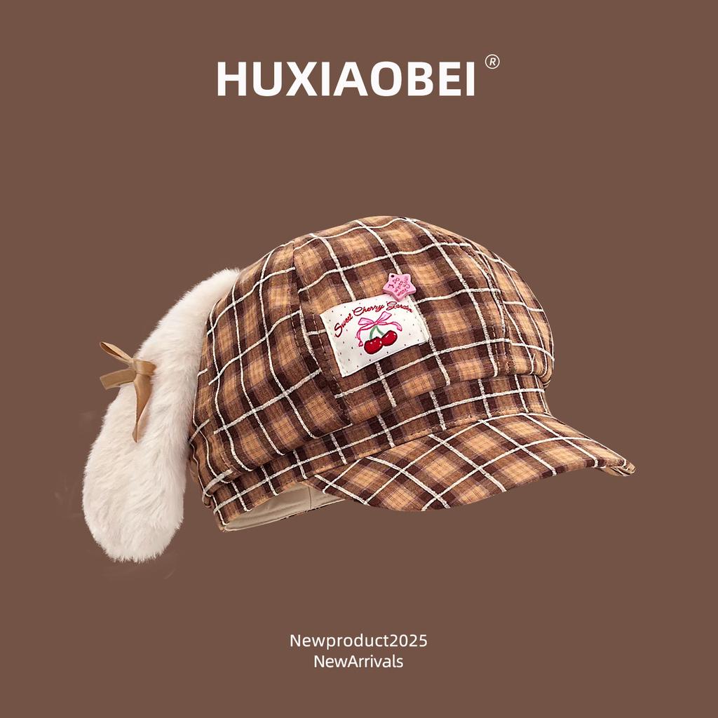 Cute plush rabbit ear bow plaid octagonal hat children versatile spring and summer sunshade travel beret tide