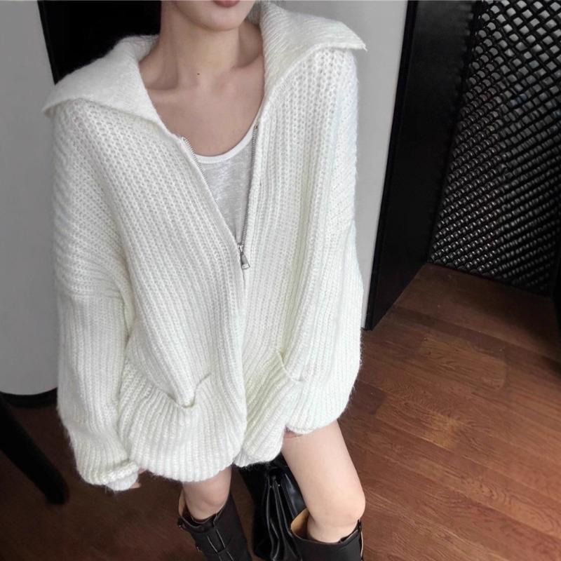 Simple Casual Lapel Zipper Knitted Cardigan Women's Clothing Autumn and Winter New Soft Waxy Loose and Thin Sweater Jacket