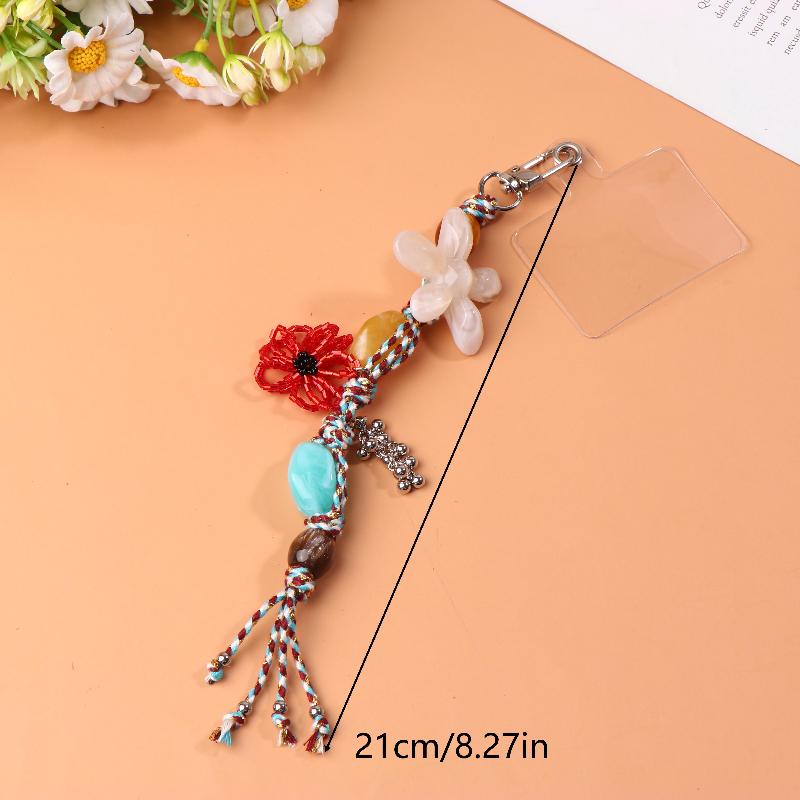 Ethnic Style Artistic Beaded Charm Keychain Vintage Flower Phone Lanyard Bag Pendant Key Hanging Decoration Gifts