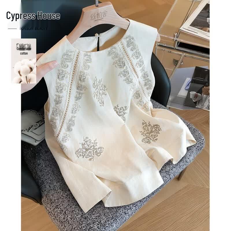 Women s Linen Embroidered Round Neck Vest L