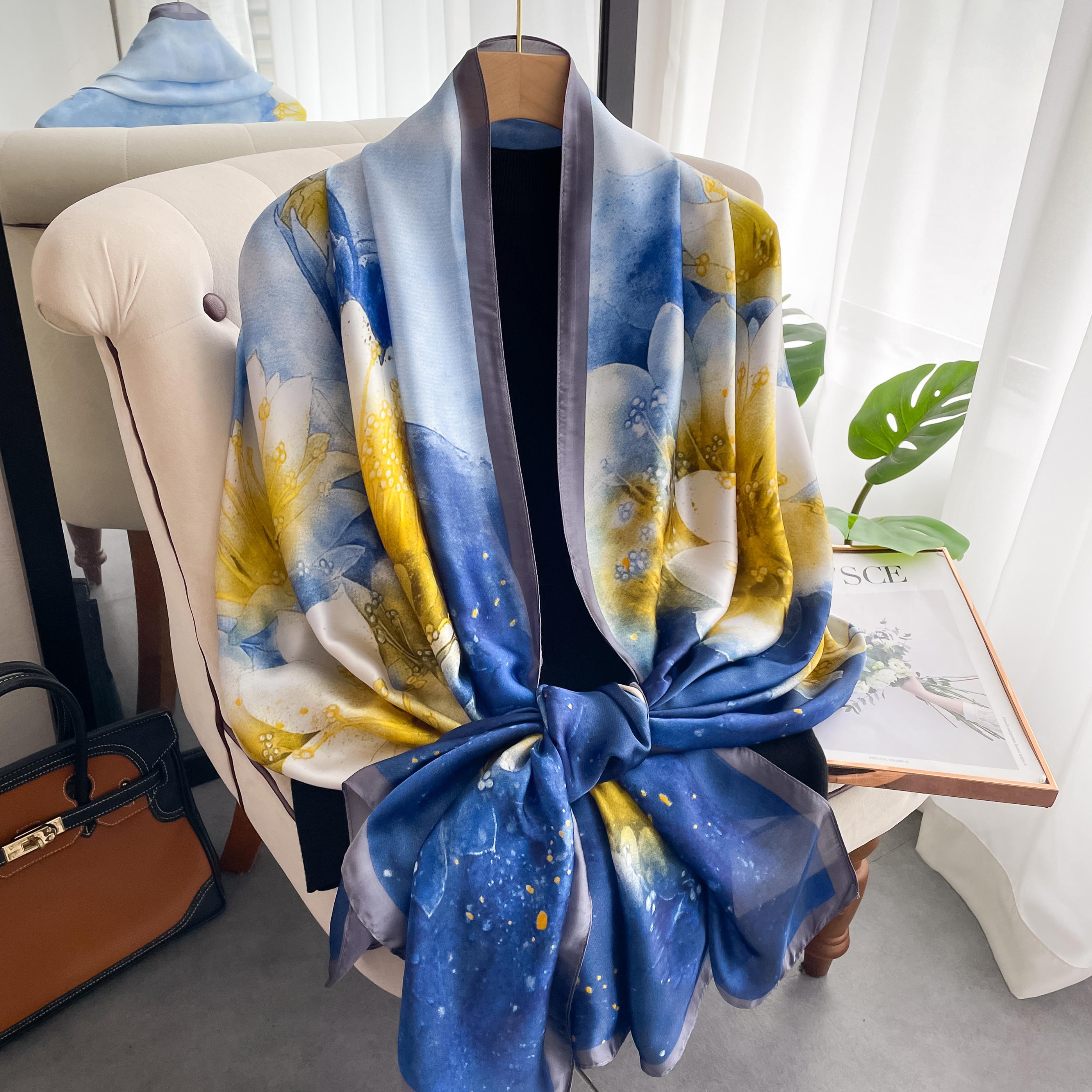 

Luxury Style Sunscreen Shawls Popular New Beach Bandanna The Four Seasons Design Scarves Women 180X90CM Square Silk Scarf