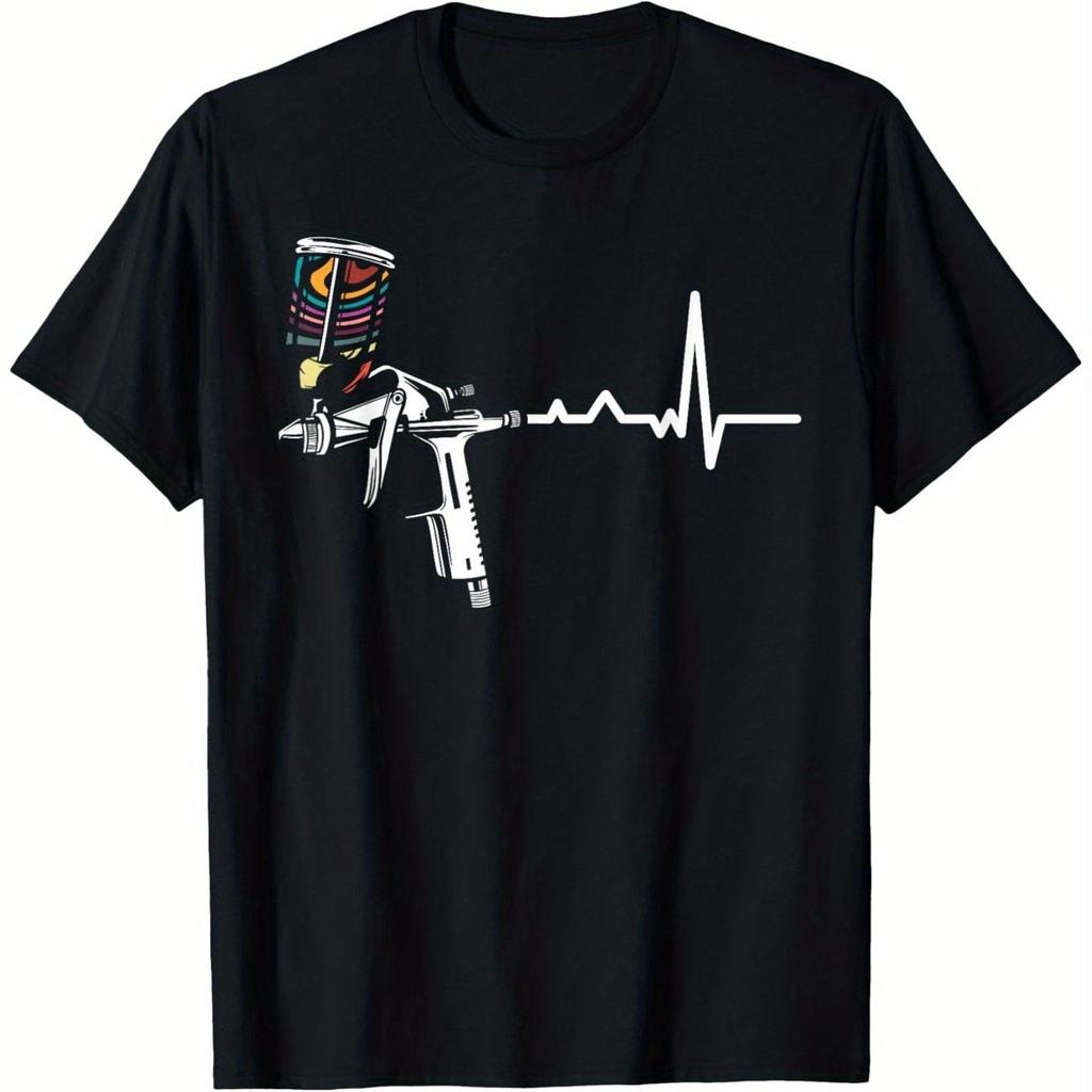 Spray Gun Heartbeat Graphic Tee For Men Casual Crew Neck Cotton Tshirt For Auto Painters Artists