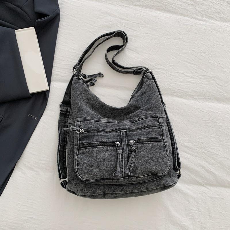 Hongkong-Stil Retro-Denim-Tasche Damen Neu Trendig Vielseitig Große Kapazität Rucksack Pendler Schulter-Tragetasche