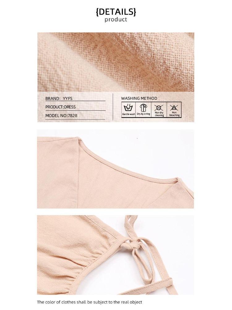 Women's Summer Cotton Linen V-Neck Short Sleeves Buttoned Dress European American Style