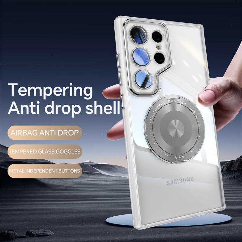 Transparent Hard Case For For Samsung Galaxy S25 S24 S23 Ultra Plus For Magsafe Magnetic Charge Shockproof Armor Stand Holder Cover