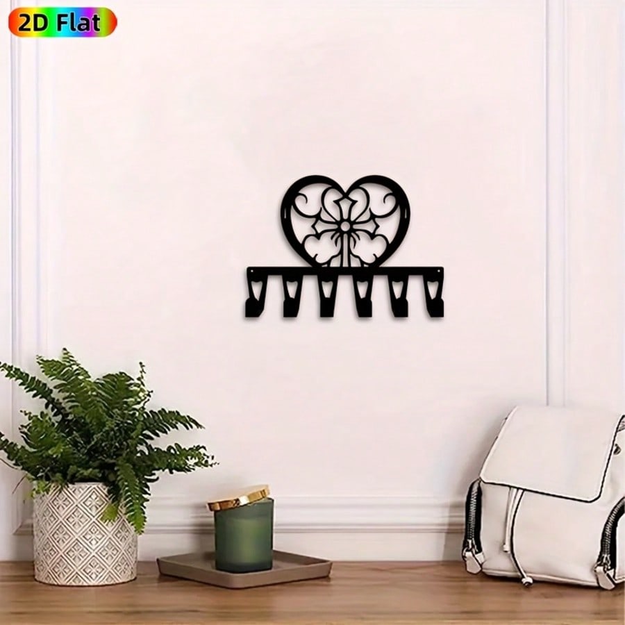 Vintage Schwarzer Herz Kranz Schlüsselhalter Metall Wandkunst 6 Haken Weihnachten Gedenkgeschenk