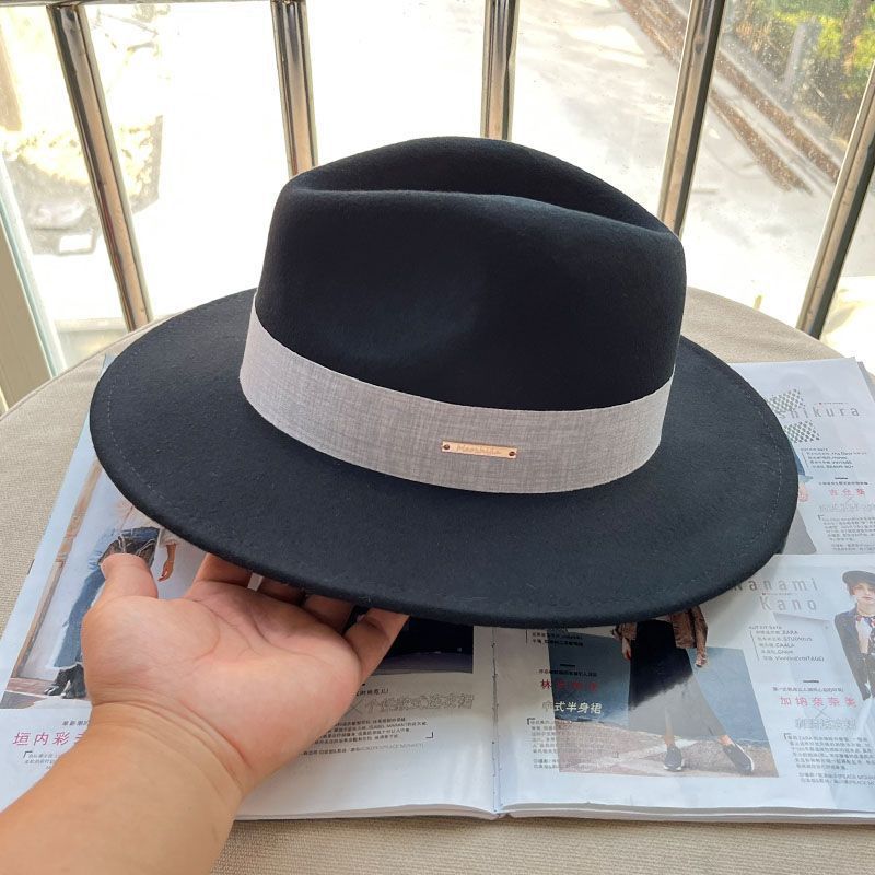 Export quality European, American French British autumn and winter flat edge woolen top hat men's and women's fashion wide-brimmed camel black versati