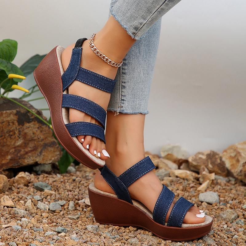 Fashion Denim High Heel Sandals for Women Elastic Band Platform Wedge Sandals Woman 2024 Light Casual Summer Gladiator Shoes