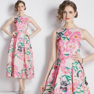 International Fashion Sleeveless High-Waist Dress: Summer Slimming A-Line Skirt with Three-Dimensional Print
