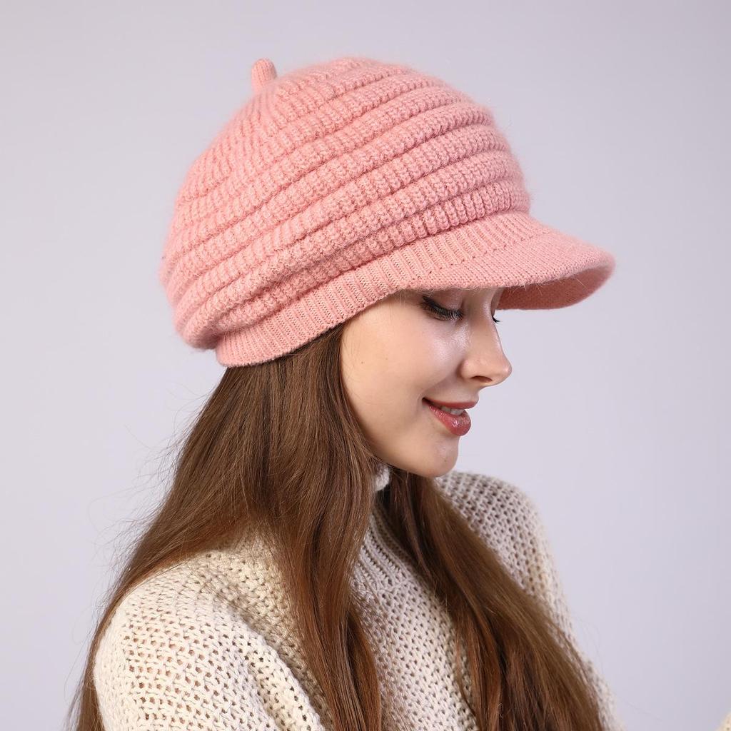 Women's Plush Knitting Soft Rabbit Wool Baseball Hat Beret Warm Cap