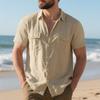 Men's Loose Fit Beach Shirt Breathable Casual Linen Short Sleeve Button Down Multi Pocket Utility Work Shirt
