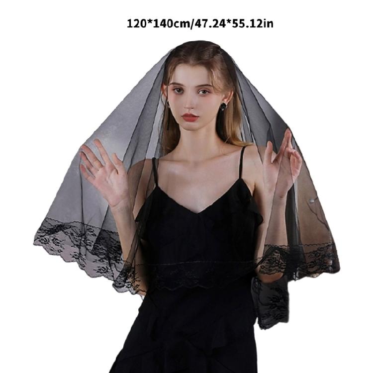 Black Lace Bridal Veils Punk Theme Headpiece Easy To Wear Halloween Wedding Accessory for Cosplay Party and Ceremonies