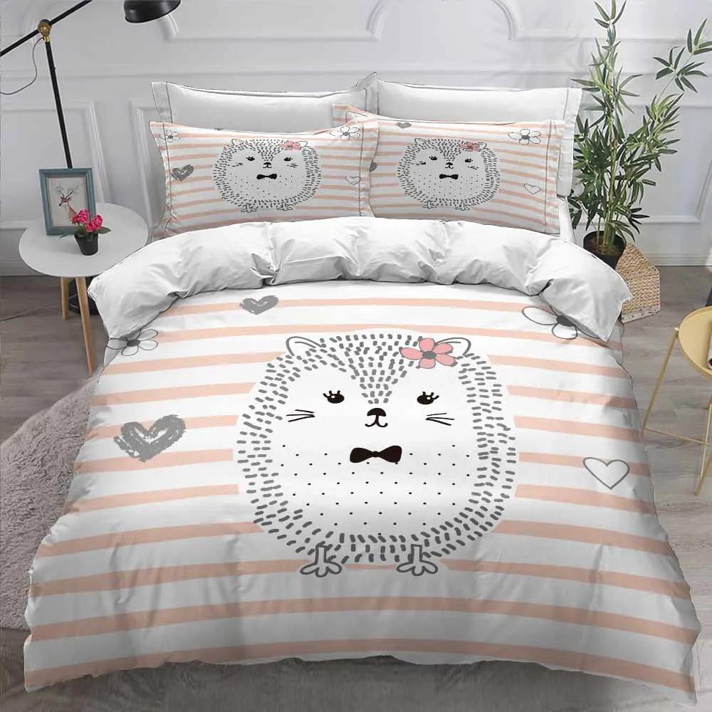 Printed Flower Hedgehog Duvet Cover Set Super Soft Comfortable 100% Polyester Bedding Set Cute Cartoon Kids Bed Linens Girl Boy