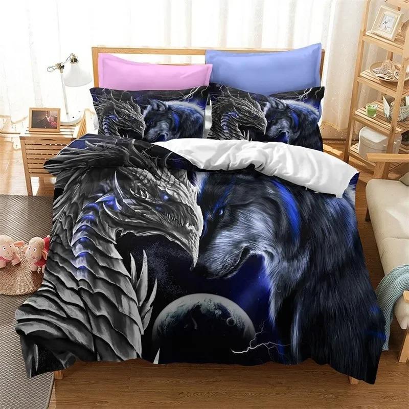 Flying Dragon Duvet Cover Microfiber Ancient Wild Animal Bedding Set Gothic Theme Monster Comforter Cover For Children Boys Teen