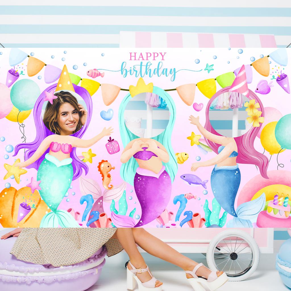 Mermaid Theme Birthday Party Photography Backdrop Mermaid Birthday Background Cake Table Girls Birthday Decorations Baby Shower