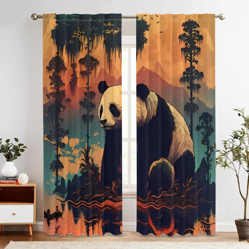 2pcs Vintage Panda Print Blackout Curtains - Matte Polyester, Rod Pocket Design with Eyelet, Machine Washable, Fashionable