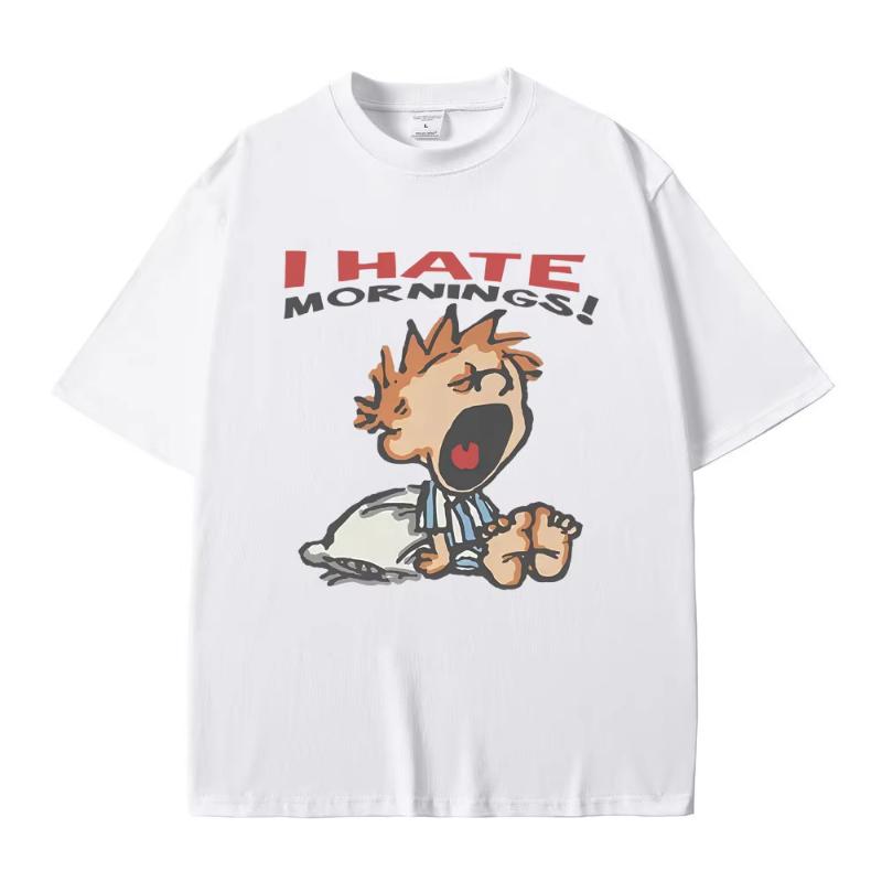Ich hasse Morgen T-Shirt Unisex Damen Mode Lustig Retro Cartoon T-Shirts Unisexs Lässig Baumwolle Kurzarm T-Shirts Streetwear
