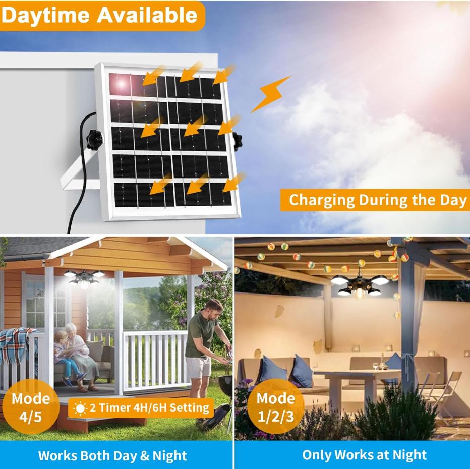 Luce Solare per Capanno Interno Esterno Lavoro Giorno e Notte Luce a Sospensione con 5 Modalità di Illuminazione e 2 Timer, con Telecomando per Capanno Gazebo Garage
