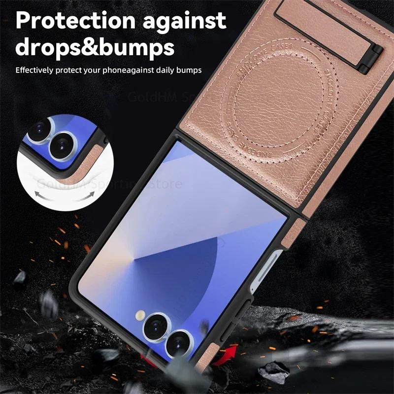 Hochwertige Business Sle Bla Leder Ständer Handyhülle mit Schlitzen für Samsung Z Flip 7 6 5 4 3 Magnetische kabellose Lade-Rückabdeckung