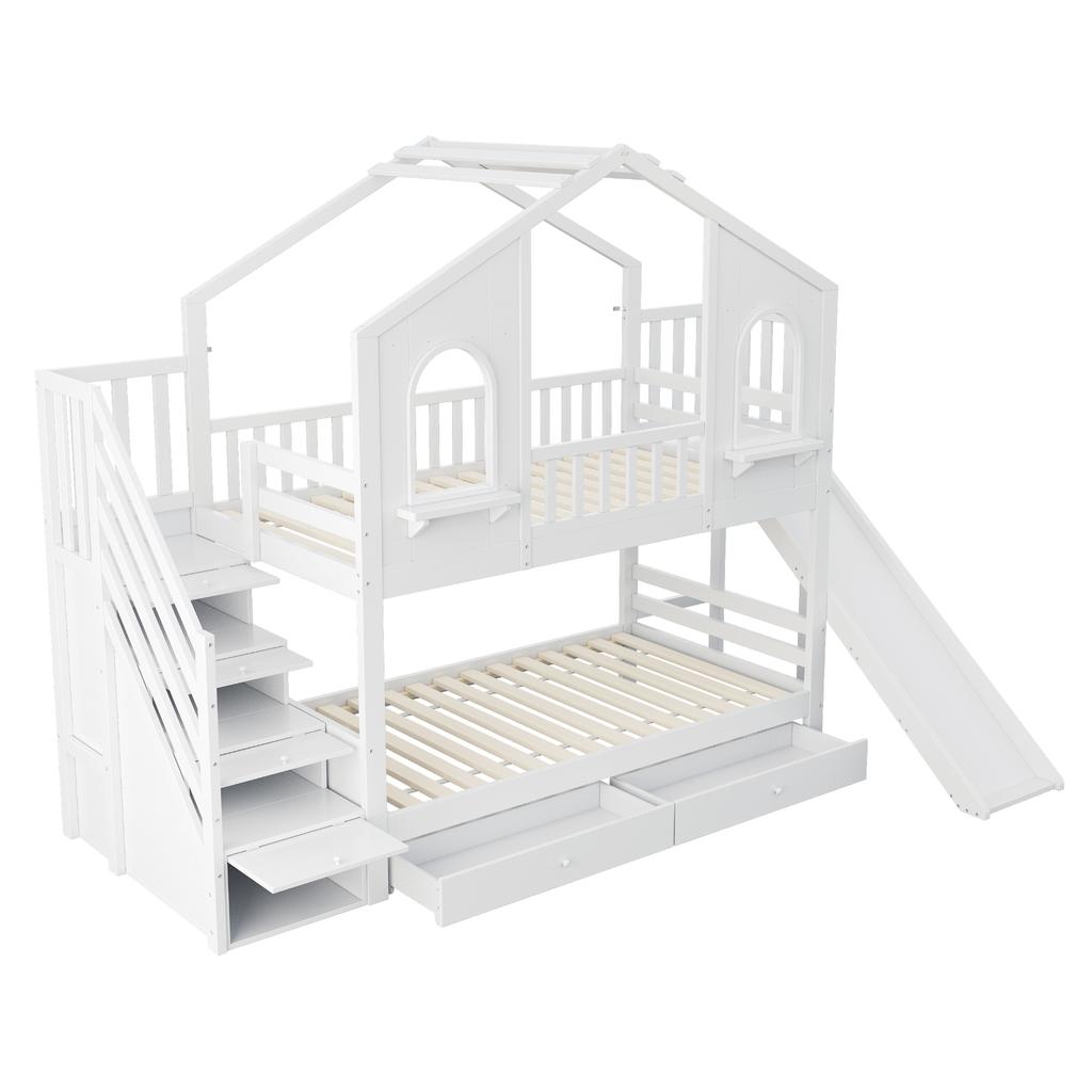 Letto a Castello per Bambini 90 x 200 cm, a Forma di Casa con Finestre Curve, con Scala a Cassetti e Scivolo, Cassetti, Letto Matrimoniale, Bianco