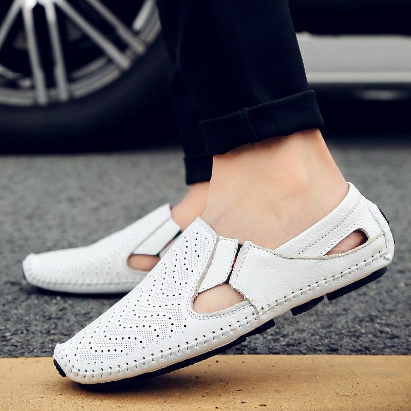 Mote Luksus Herresko Merke Kuskinn Fritidssko Håndlagde Lærsko Mokasiner Sommer Utstansede Sandaler Herre Baotou Halvtøfler